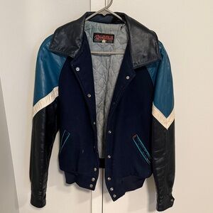 Varsity Leather Bomber Jacket - Navy and Black